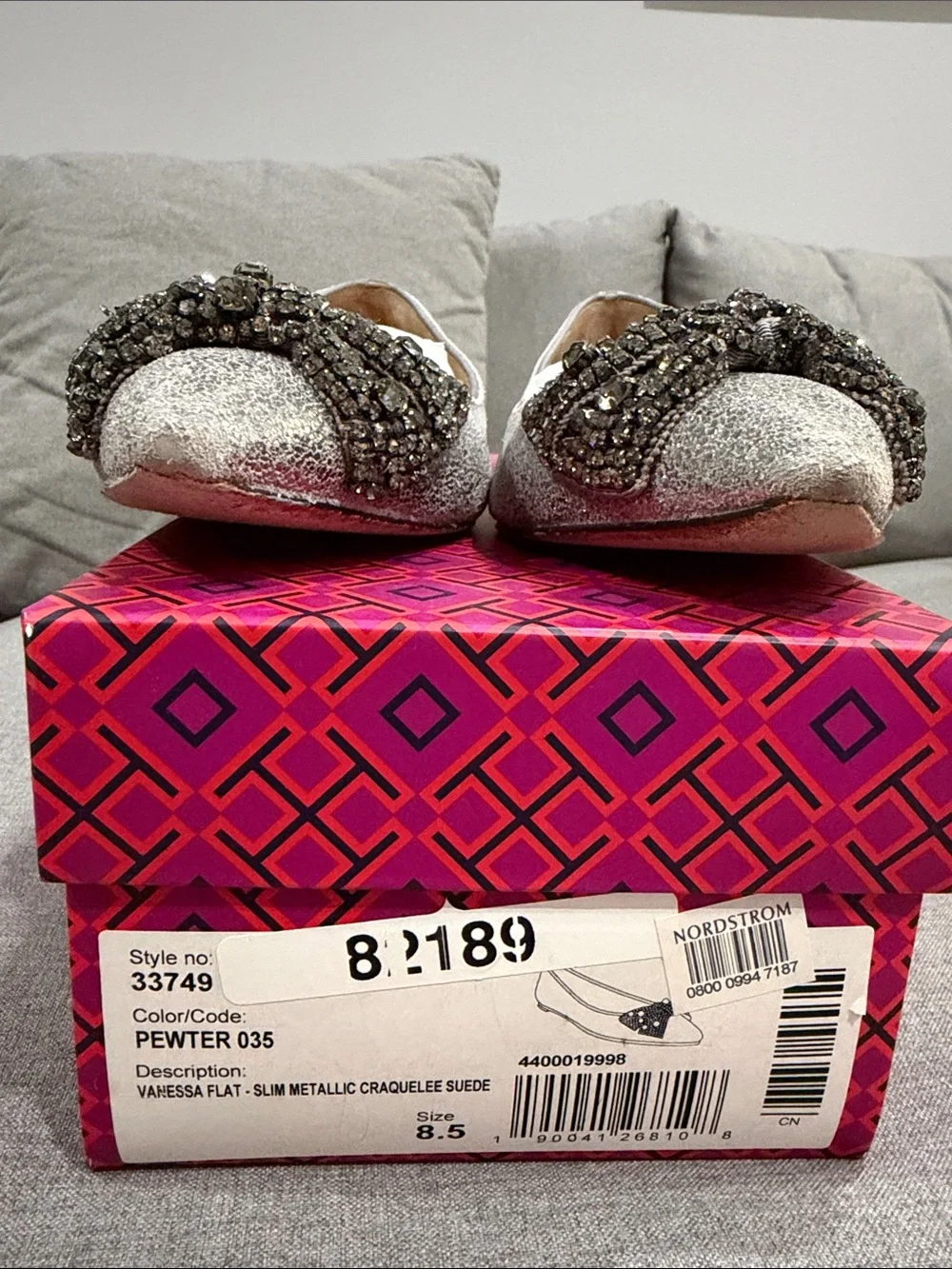 Tory Burch Silver Pointed Toe Embellished Women's Ballet Flats